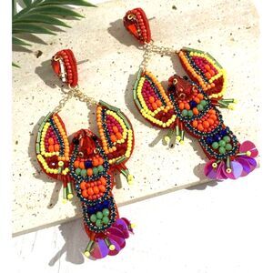 * STUNNING! * Rice Beads & Sequins Red Lobster Dangle Earrings